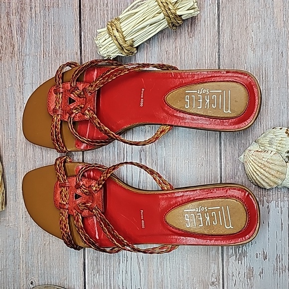 NICKLES RED AND BROWN BRAIDED LEATHER SANDALS - Picture 4 of 13
